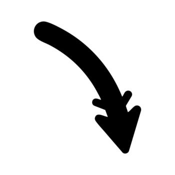 Solid black arrow icon with a smooth downward curve representing direction flow or a decrease vector