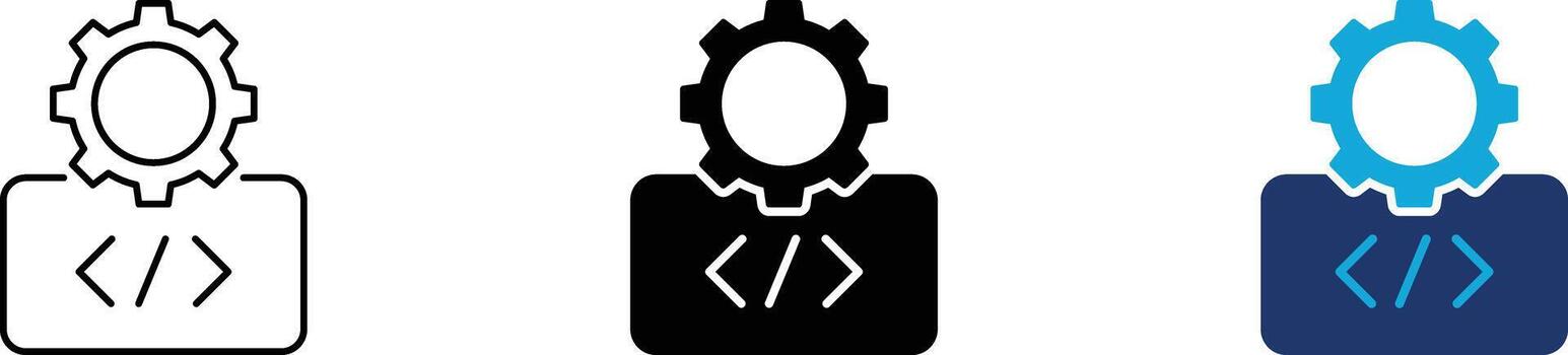 Web development and programming icon set. Code optimization, gear settings, software engineering, web building, backend development, algorithm setup, tech maintenance, custom coding vector