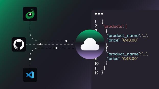Cloud Development Workflow with JSON Data, GitHub and Code Editor vector